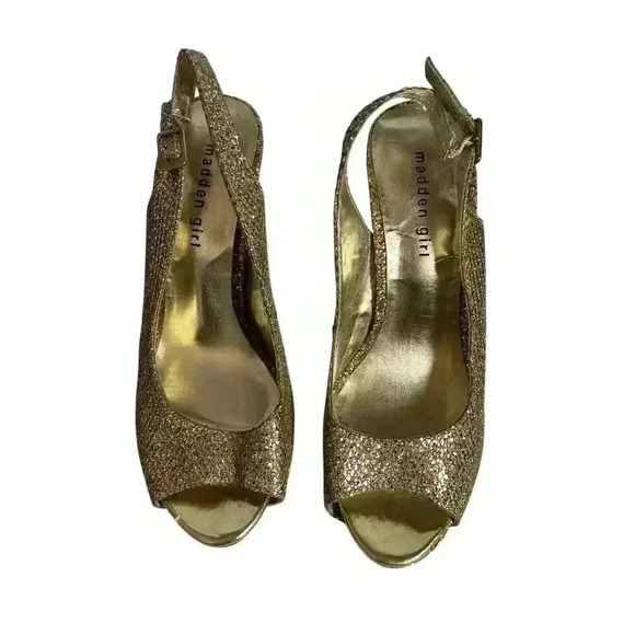 MADDEN GIRL DIAMANTE SUPER SPARKLE PARTY SHOES HEELS JASPER PEEP TOE GOLD 10 - Picture 3 of 12
